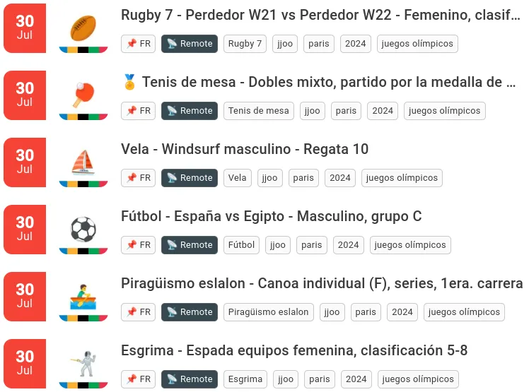 Algunos eventos deportivos de la ageda de los juegos olímpicos