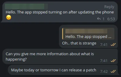 Screenshot of a user explaining issues accessing the app after updating their phone.